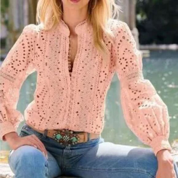 NWOT Boston Proper Pink Floral Lace & Eyelet Stretch Loop Button Blouse sz XL - Picture 1 of 9